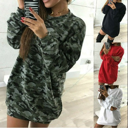 Look great in this bold oversized sweat shirt. Can easily be worn as a mini dress or on cooler days, match it with some leggings. Cozy and comfortable polyester style with a choice of 4 bold colors including the ever classic Camo pattern. Available in sizes s-xl. 